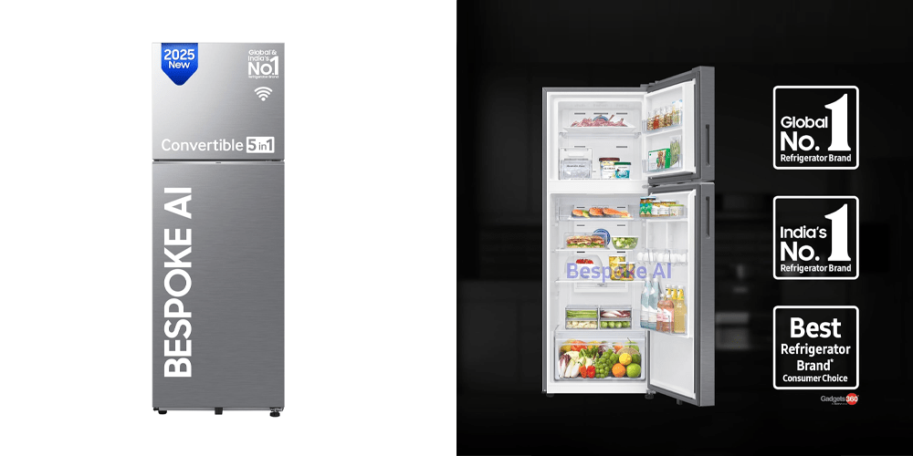 Samsung 330 L, 3 Star, Convertible 5-in-1, Digital Inverter, Frost Free Double Door, WiFi Enabled Bespoke AI Refrigerator (RT34DG5A4DS8HL, Elegant Inox, Silver)
